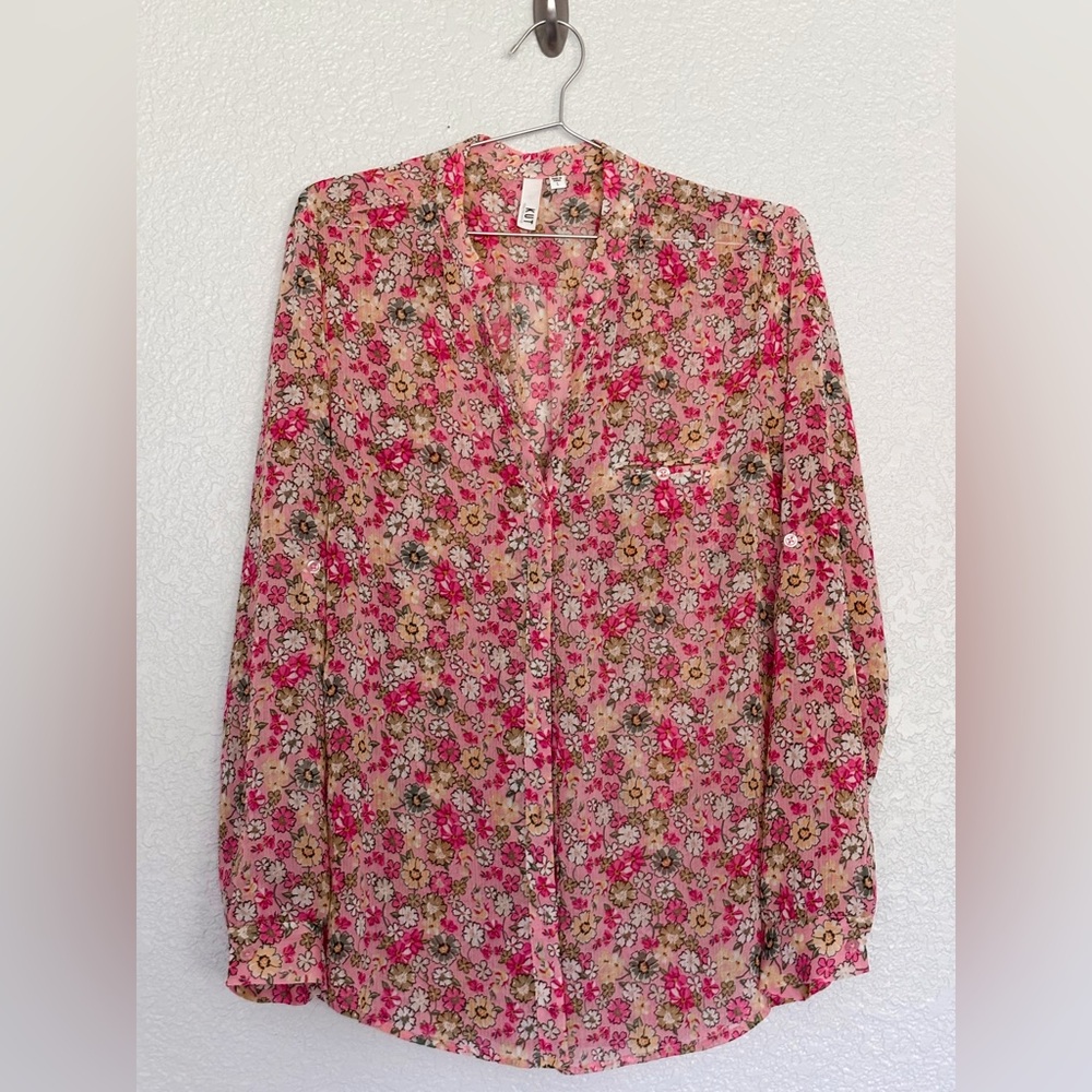 Kut from the Kloth Pink and Green Sheer Blouse - Women Size Large